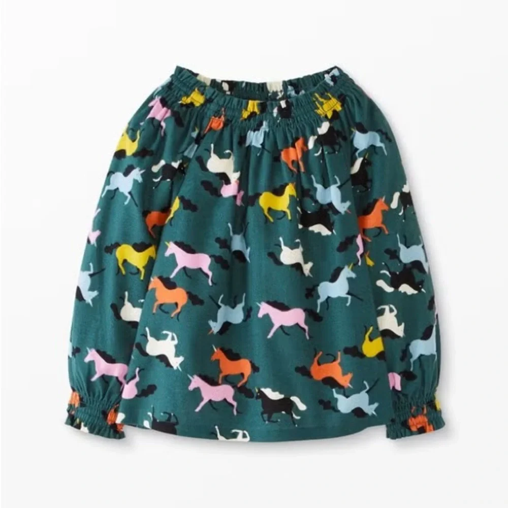 Hanna Andersson Gallop Unicorn Print Smocked Woven Flannel Popover size 6-7